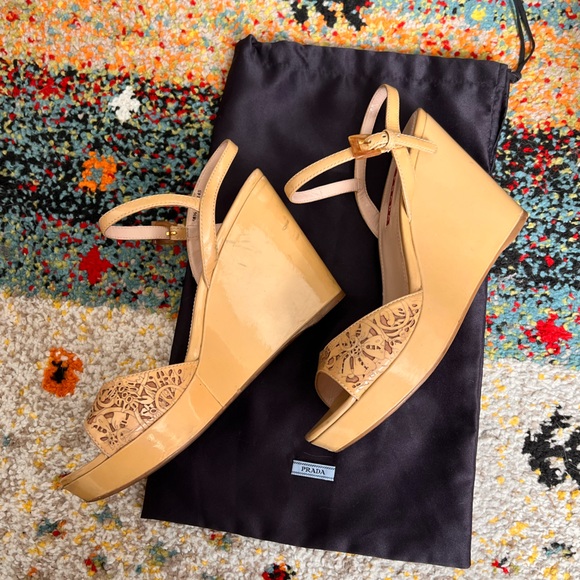 Prada Nude Patent Wedge Heel Sandals - Picture 3 of 8